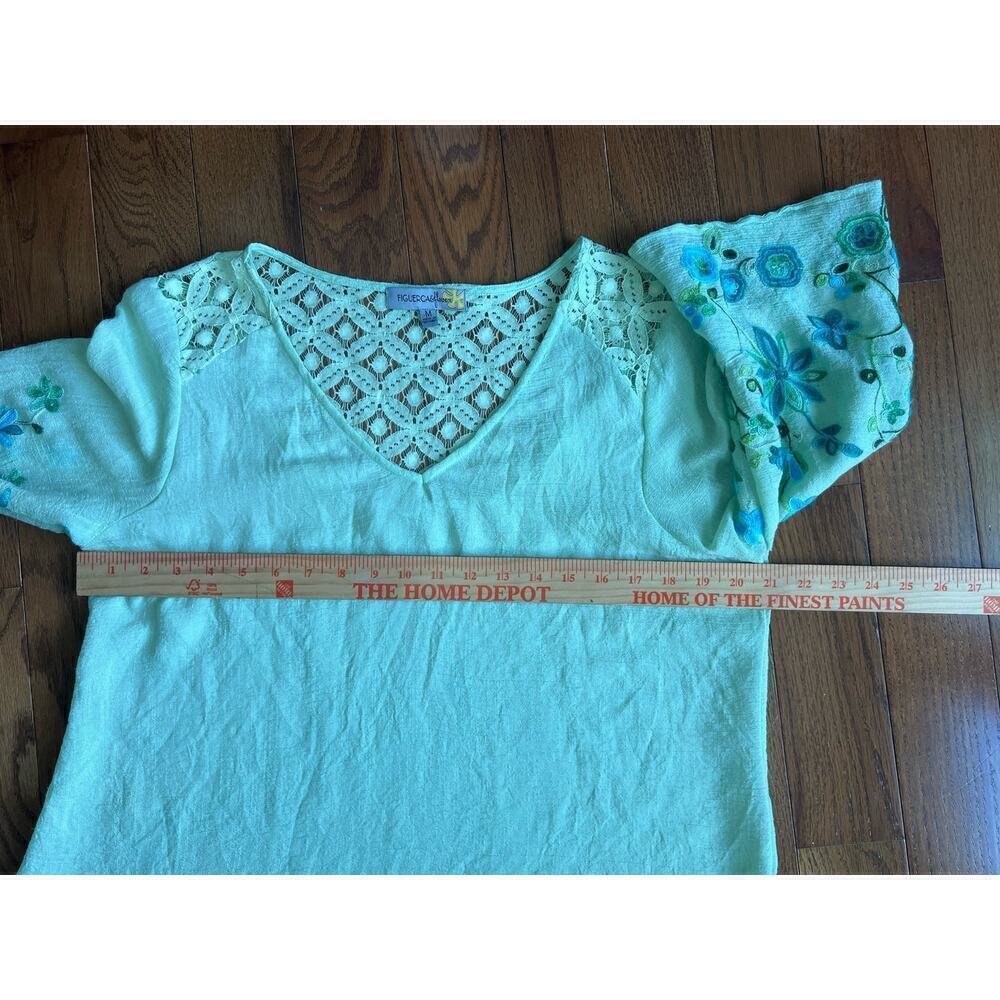 Figueroa & Flower Embroidered Blouse V-Neck, Bell Sleeve Green/Blue size Medium - Picture 8 of 14